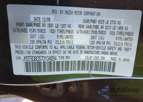 2007 Mazda Cx-9 Grand Touring z USA, uszkodzony, nr VIN JM3TB38C570104654